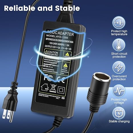 DC 12V Cigarette Lighter Desktop Power Supply Adapter 60W/120W/180W, AC 100–240V Input, Converter Transformer with US Plug — for Car Accessories, Air Pump, Cooler, and Electronics