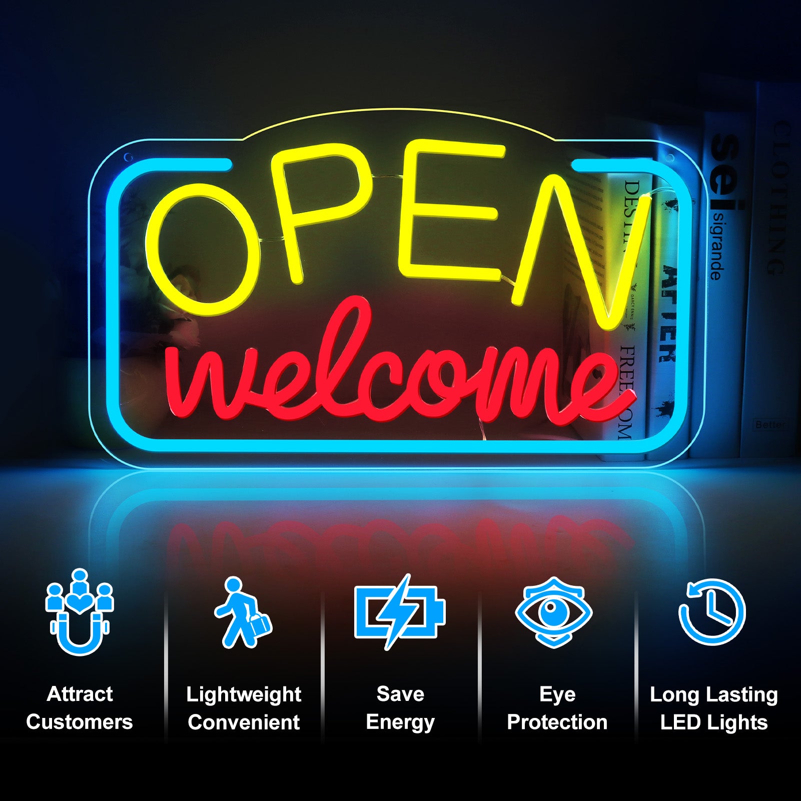 Neonschild „OPEN Welcome“ – USB-betrieben | 43×25 cm (17×10 Zoll) | LED-Licht für Schaufenster | 2 Farboptionen