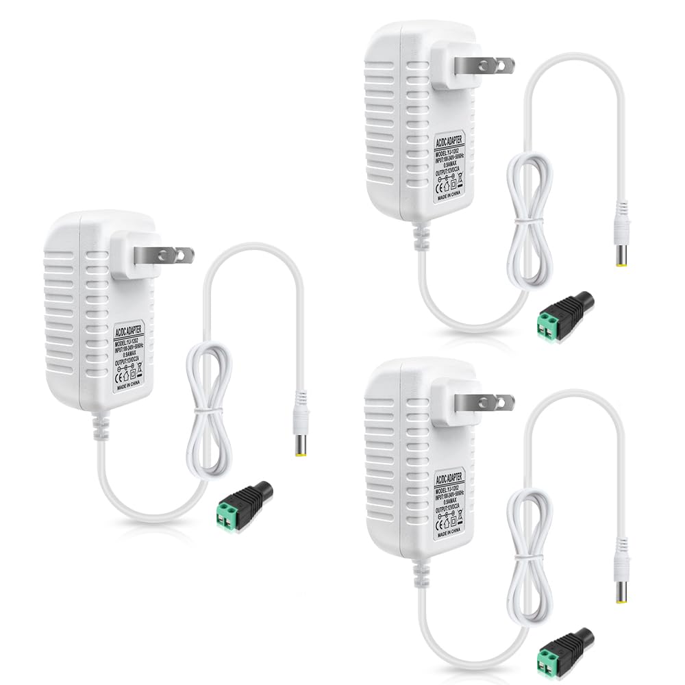 12V Power Supply Adapter 12W/24W/36W, AC 100–240V Input, Wall Plug Transformer, White Case — US Plug, LED Driver for Strip/CCTV/Electronics