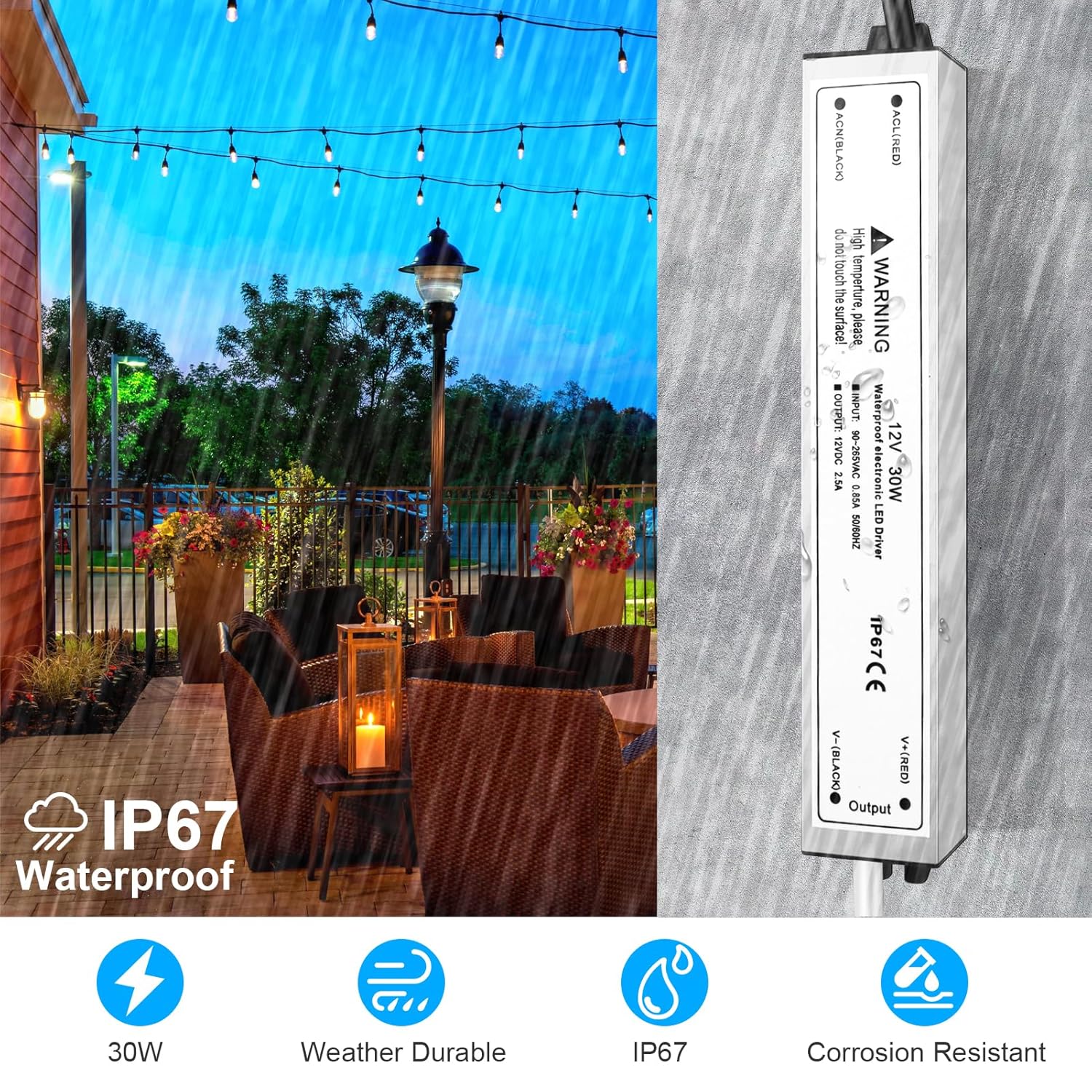 12V Waterproof LED Power Supply 30W–300W, 90–265V Input, Single/Dual Wire Output, Outdoor LED Driver, CE/RoHS/FCC —US/UK/EU Plug & Wire Leads Options