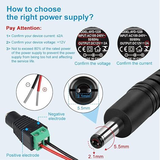 DC 12 V Netzteiladapter mit Ein-/Ausschalter, 12 W/24 W/36 W Optionen, US-Stecker, schwarz/weißes Gehäuse, 100–240 V AC-Eingang, Wandstecker-Ladegerät für LED-Lichtstreifen und Elektronik 