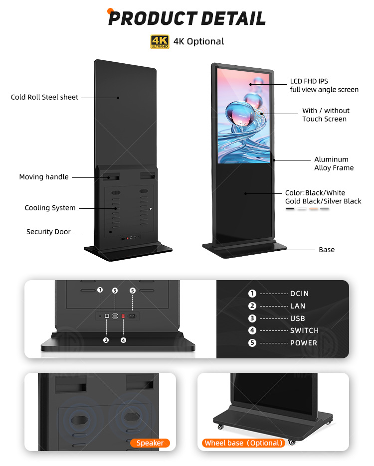 65'' LCD Digital Signage, Free Standing LCD Digital Poster Kiosk, No Touch, Single Sided, Android OS, Caster Wheels