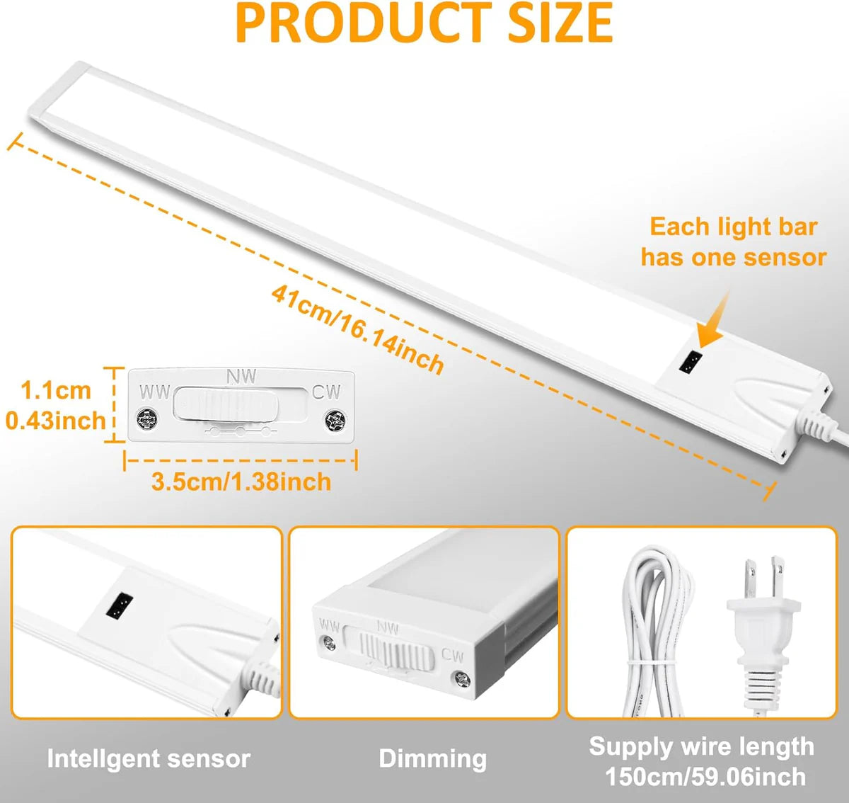 1/2 Pack 16 / 22 Inch Under Cabinet Light – 3CCT (3000K/4000K/6000K) | Hand Wave Sensor | Adhesive Mount | Slim Design for Cabinet & Shelf – White Finish
