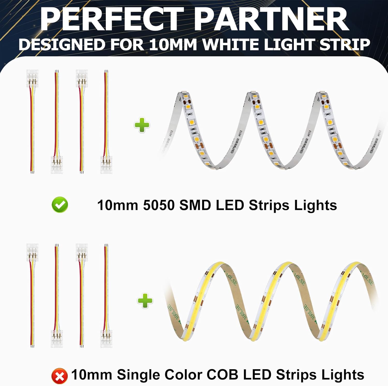 Transparent Crystal LED Strip Connectors – 10mm 3Pin Solderless Clips | Strip to Wire / Strip to Strip / DC Adapter – Local Stock US/UK
