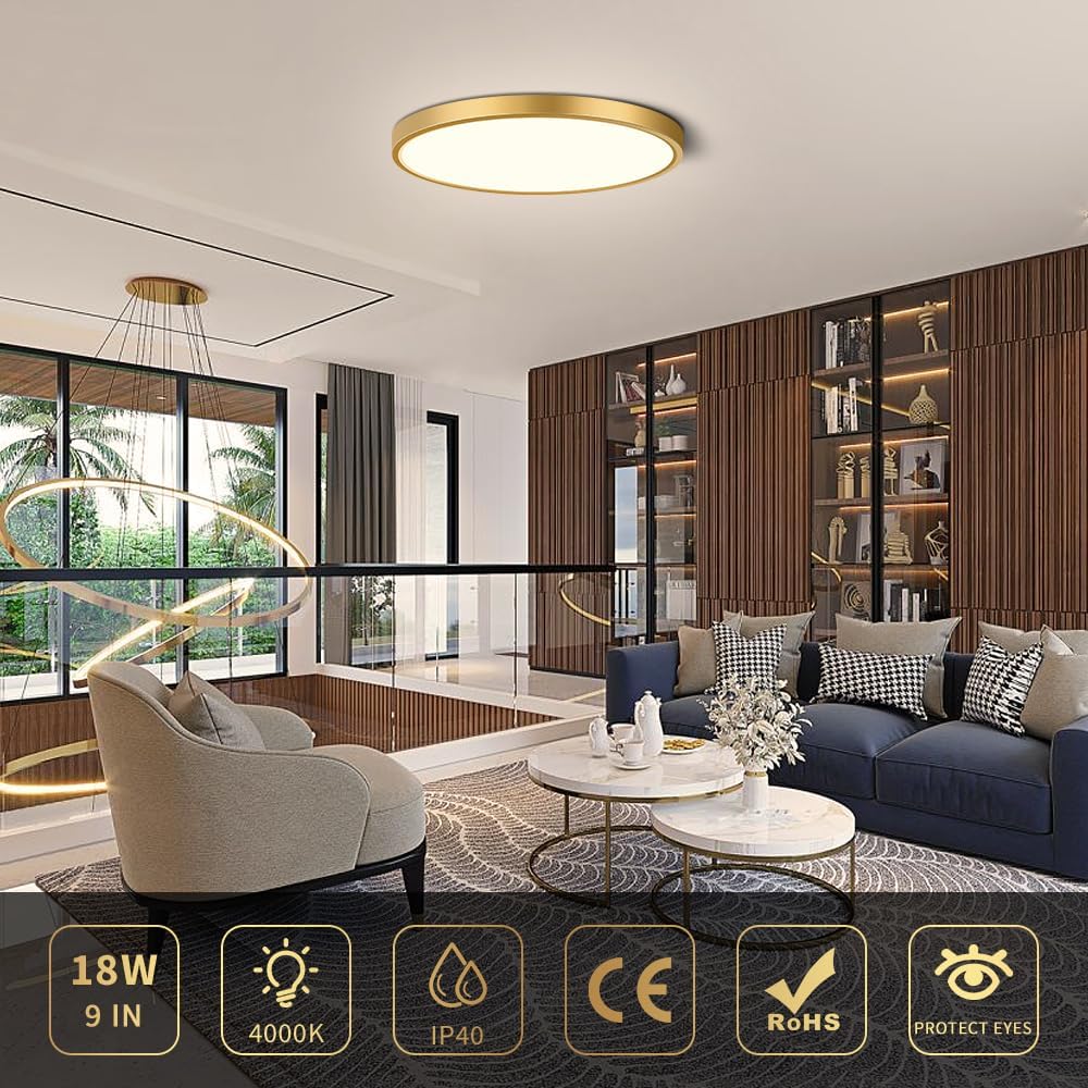 AC 110–130V Round LED Ceiling Light – Gold – 18W / 24W / 32W Options – 3000K / 4500K / 5000K / 6500K – Flush Mount Ceiling Light – Local Stock (US)