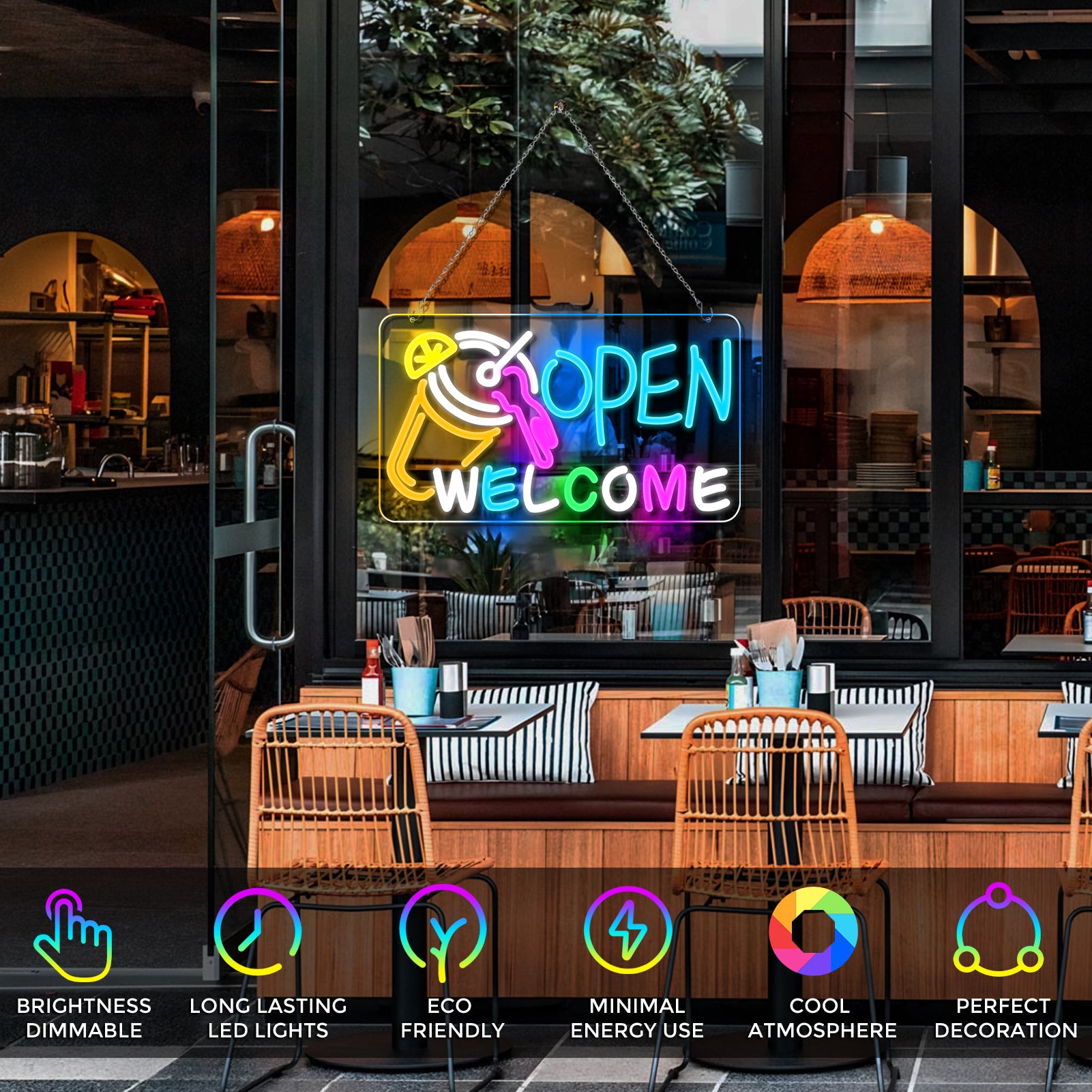 OPEN WELCOME Neon Sign – USB Powered | 16×9 inch (41×23 cm) | Multicolor Glow | LED Window Light with Cocktail Design for Bar, Café, Storefront
