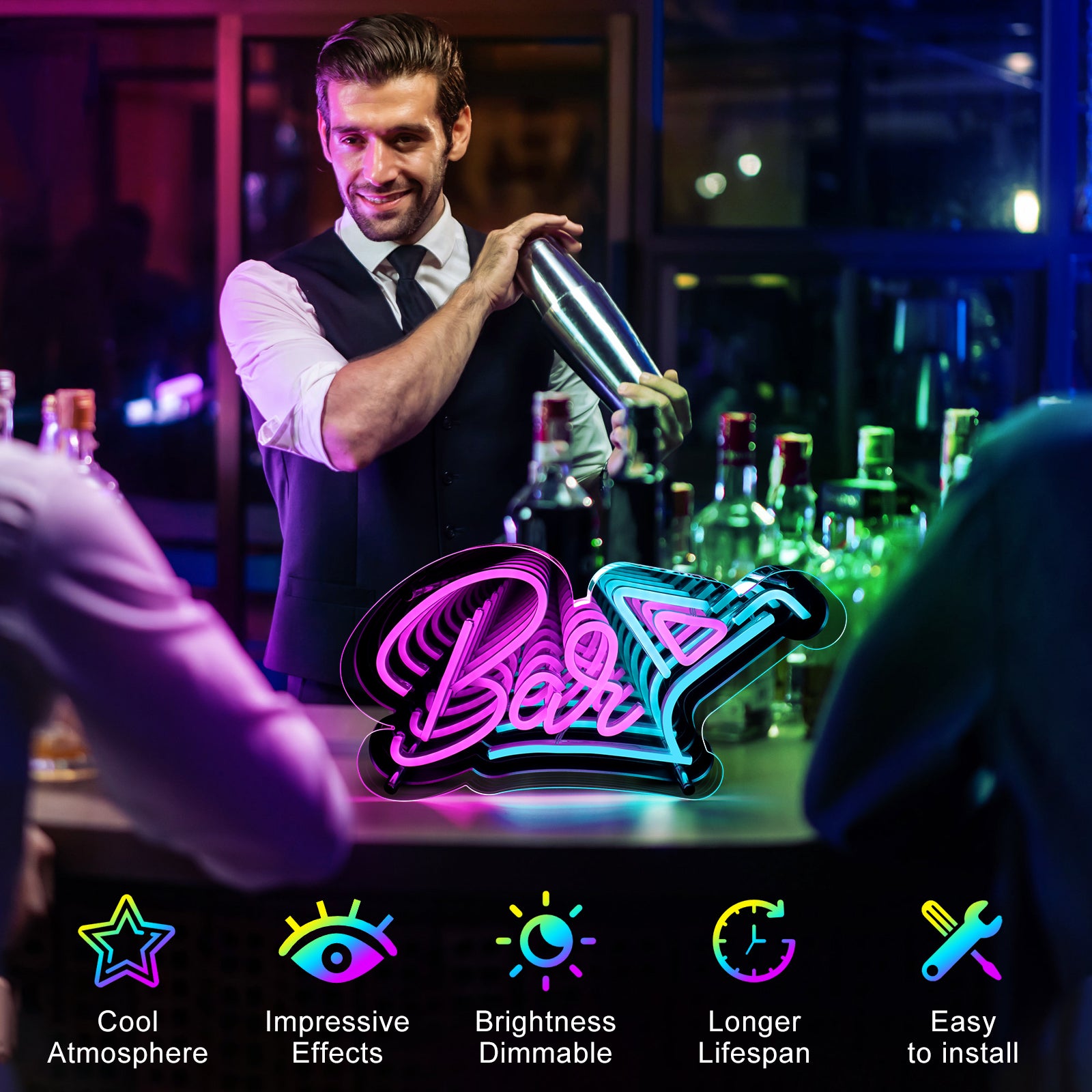Bar LED Sign – 15 × 9.2 inch | Multi-Color Glow | USB Powered | Hanging | Ideal for Bar, Pub, Lounge, Nightclub, Party Mood Lighting
