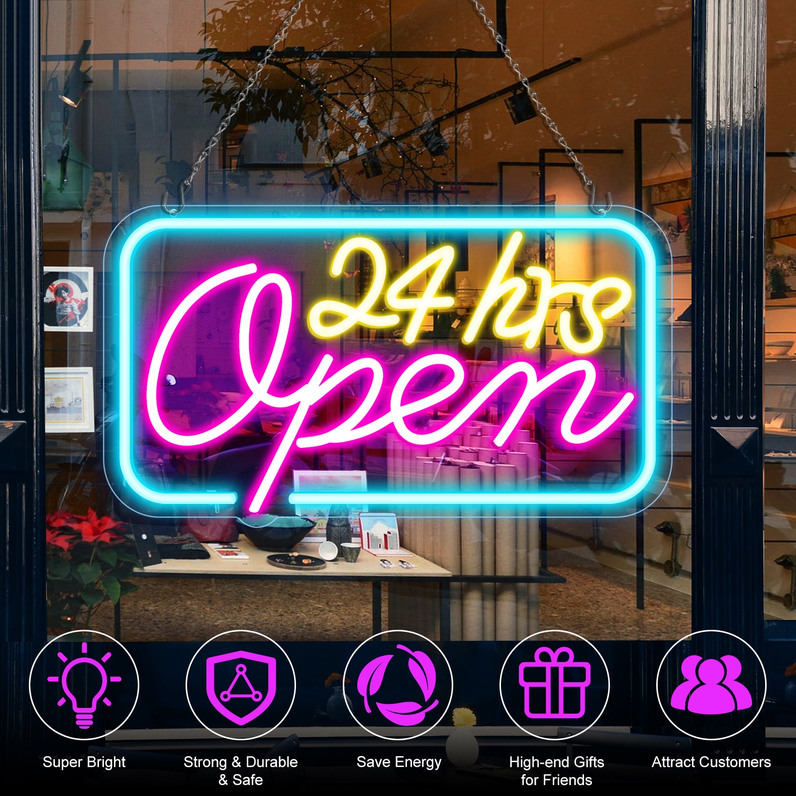24hrs Open Neon Sign – Ice Blue, Yellow & Purple Glow | 16×9 inch (40×23 cm) | Window Hanging Light for 24 Hour Stores Plug & Play
