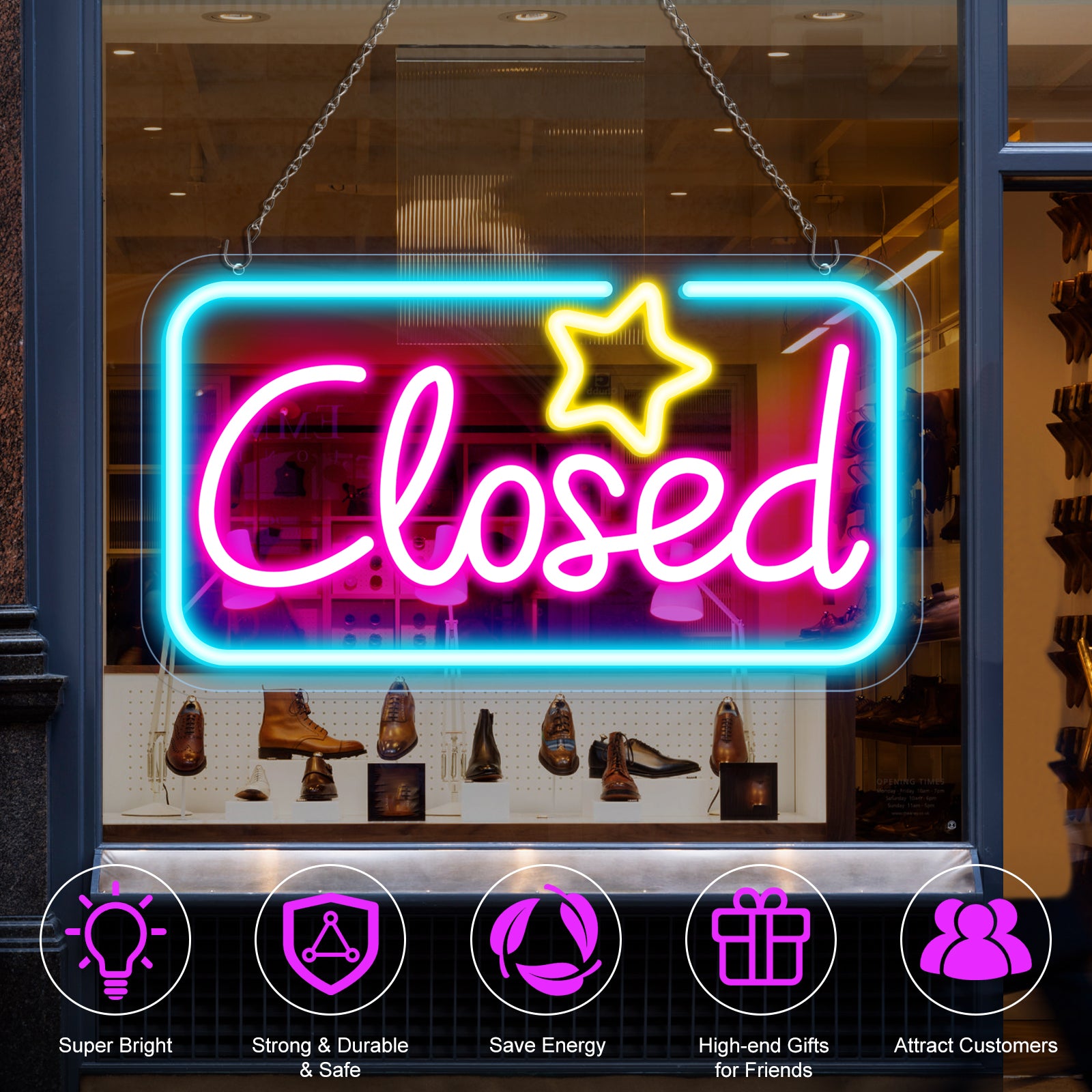 Closed Neon Sign – Ice Blue & Pink Glow + Yellow Star | 17×9 inch (42×23 cm) | Window Hanging  | Plug & Play for Storefronts