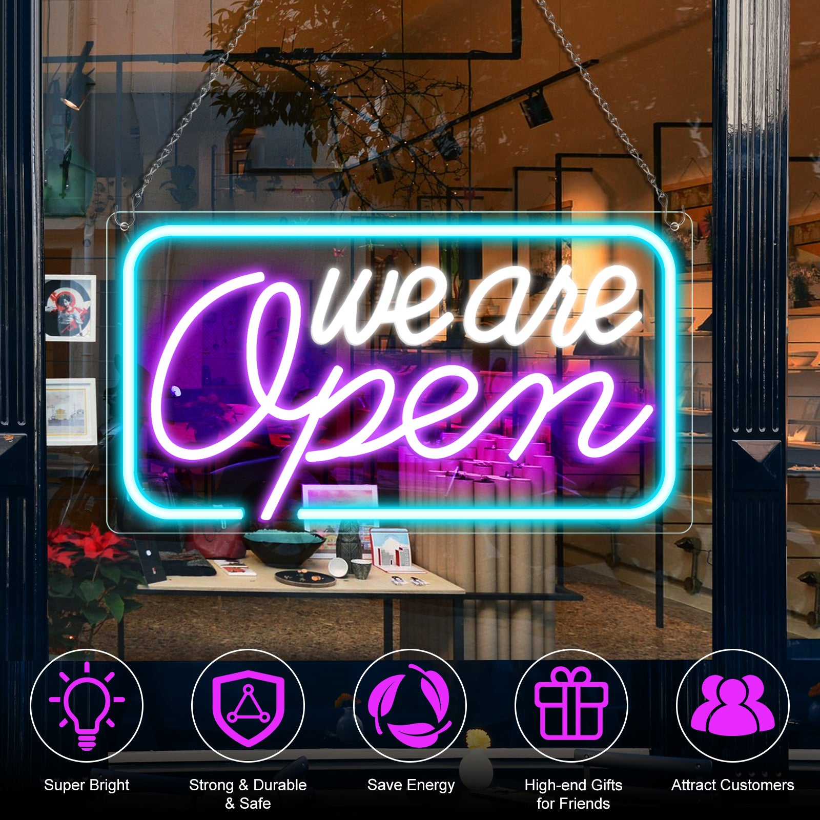 We Are Open Neon Sign – 5 Glow Color Options | 17×9 inch (42×23 cm) | Window Hanging | Plug & Play for Storefronts