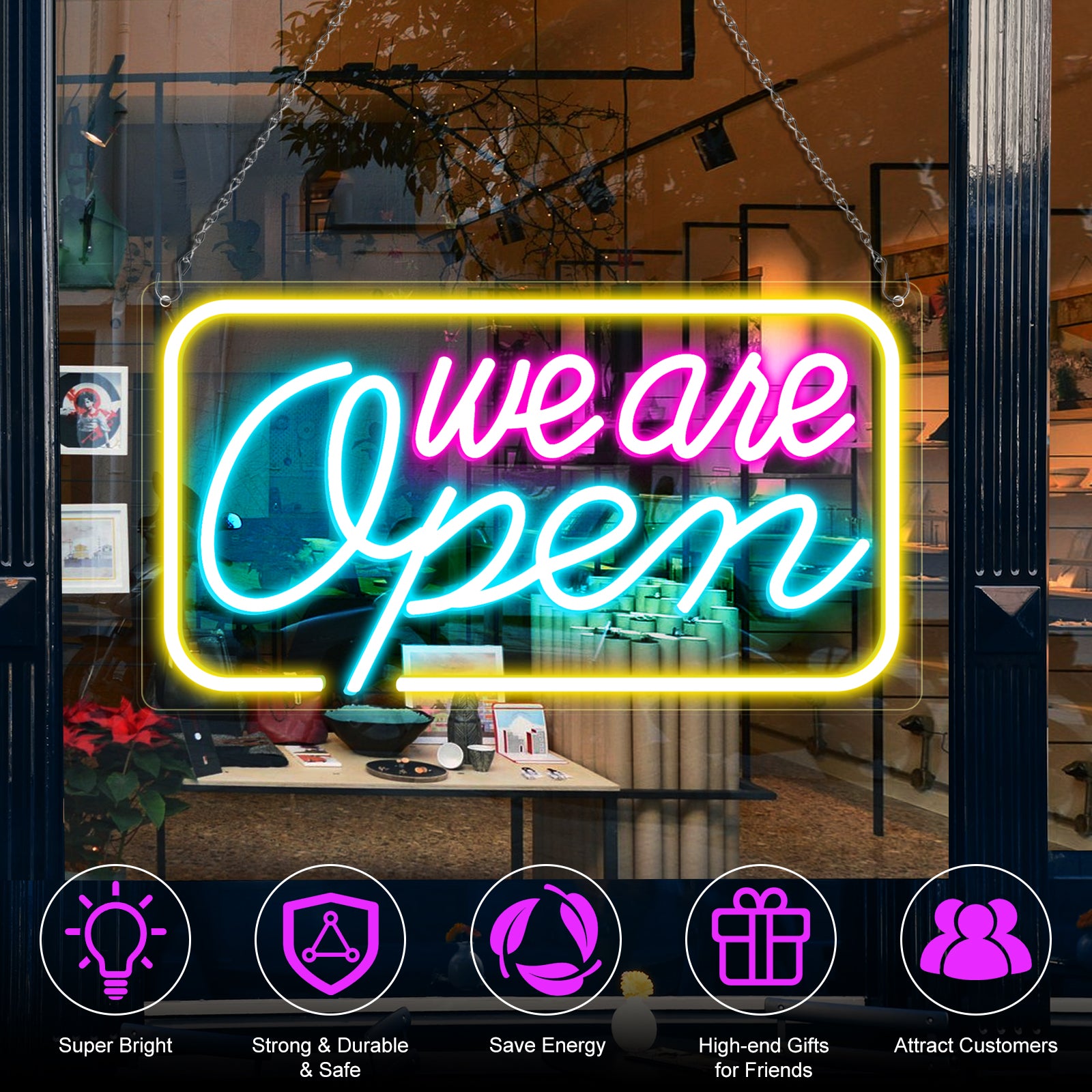 We Are Open Neon Sign – 5 Glow Color Options | 24×12.5 inch (60×32 cm) | Window Hanging | Plug & Play for Storefronts