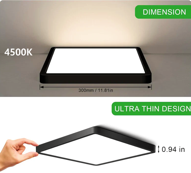 12.0 Inch Square LED Ceiling Light – 24W – Black – 3000K / 4500K / 5000K / 6500K – Flush Mount Ceiling Light – Local Stock (US/UK/DE)