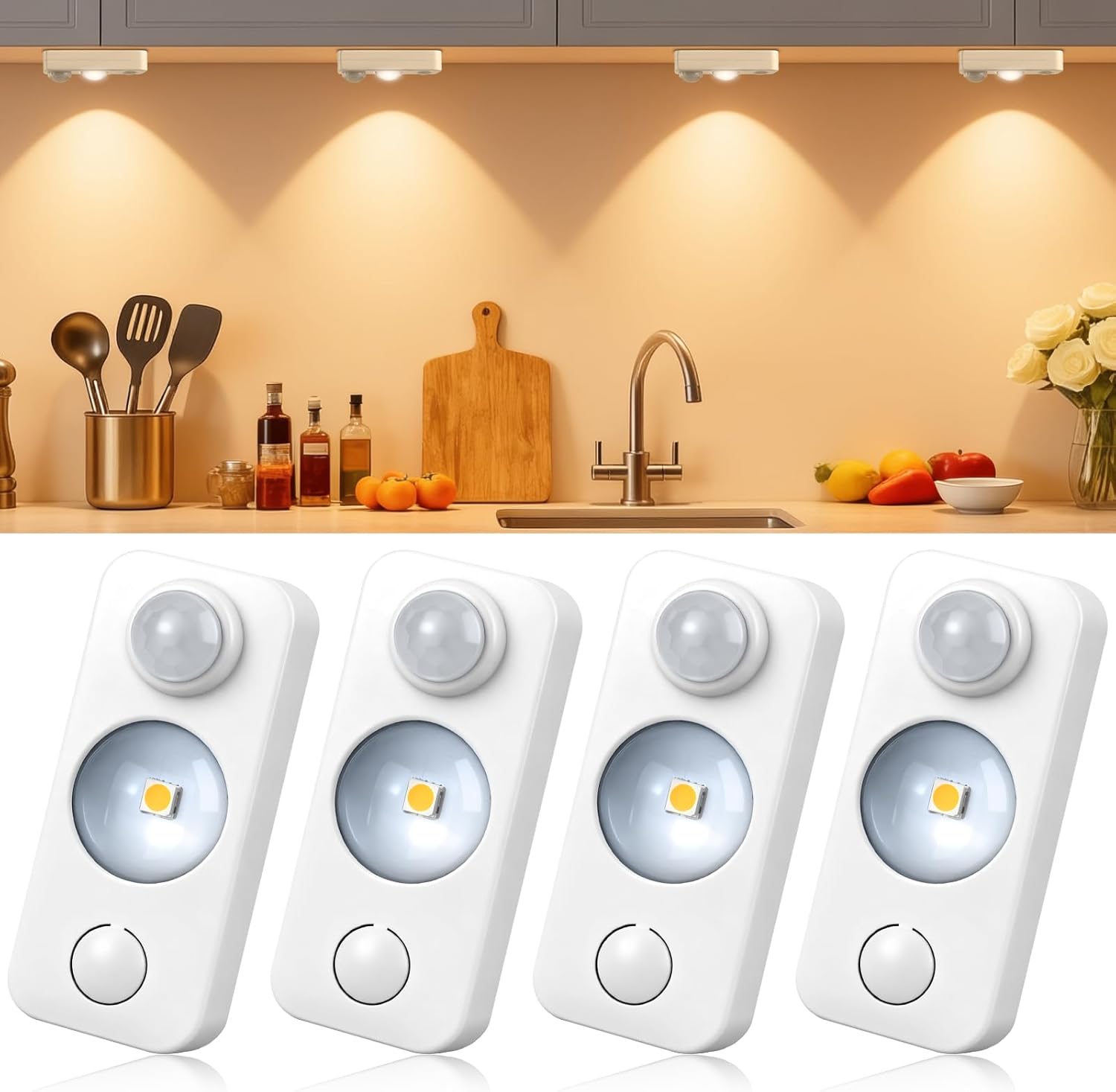 Rechargeable LED Puck Closet Light – 4/6/8 Pack | Motion Sensor, Tap Switch, Dimmable | Warm / Daylight White | Black / White Finish | Easy Mounting for Closets & Cabinets