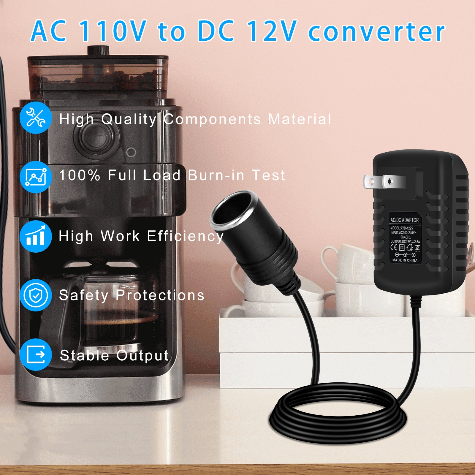 DC 12V Cigarette Lighter Power Supply Adapter 12W–36W, AC 100–240V to 12V Converter Transformer, Car Socket Charger for Pump, Cooler, LED Lights — US Plug