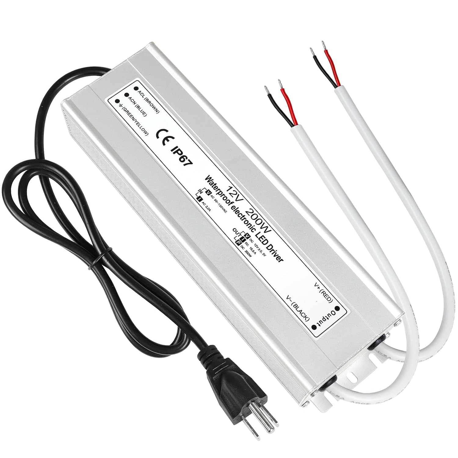12V Waterproof LED Transformer, 90–140V Input, 200W–500W, Single/Dual Wire Output, CE/RoHS/FCC — US Plug & Wire Leads Options