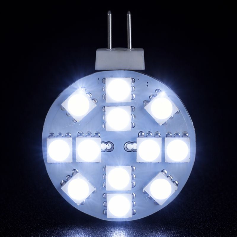 4 Pack 2.2 Watt (25 Watt Equivalent) DC12V Flat Round Wafer Disc Light Bulb G4 Bi-pin base Lamps with 12 pcs Tri-Chip LED SMD5050