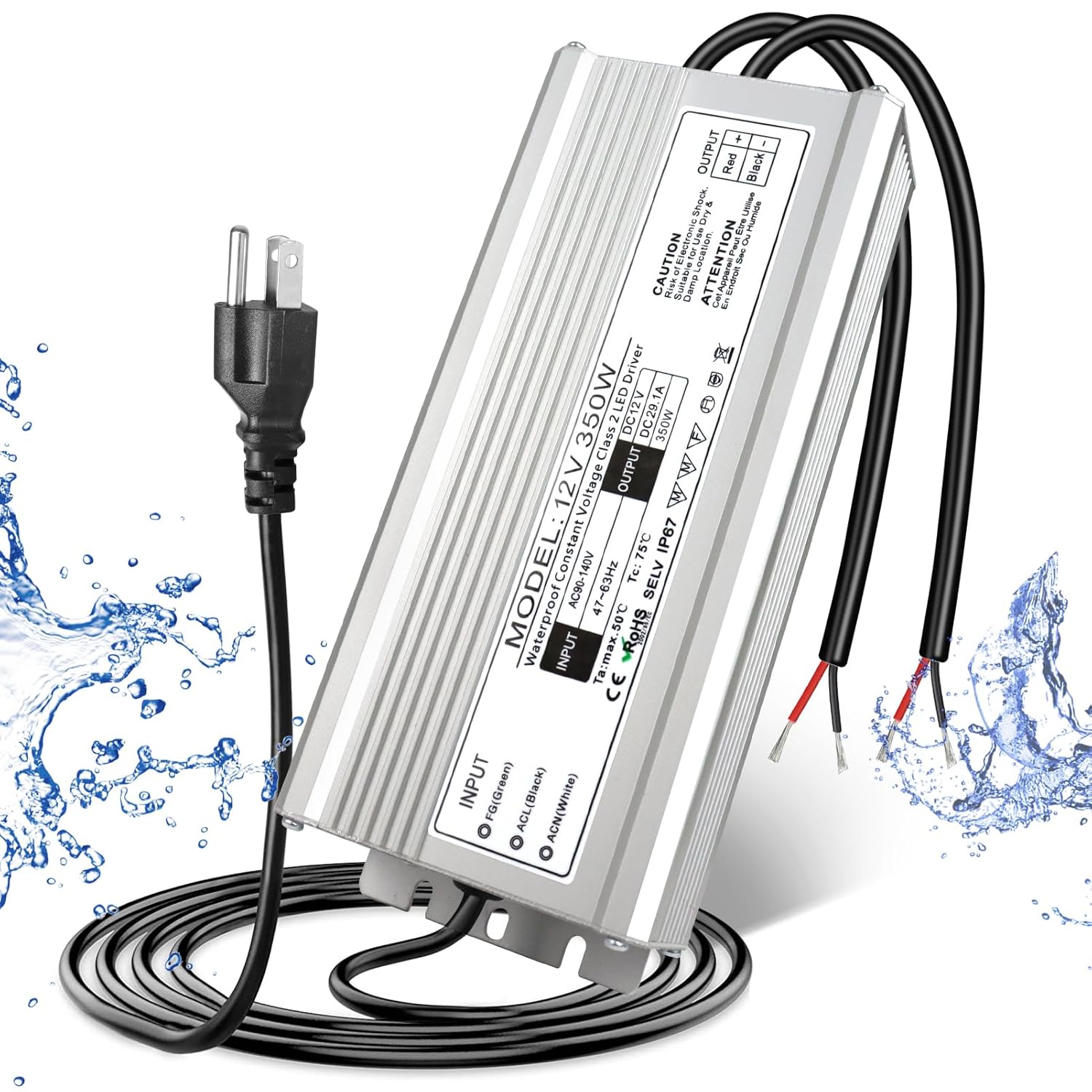 12V Waterproof LED Transformer, 90–140V Input, 200W–500W, Single/Dual Wire Output, CE/RoHS/FCC — US Plug & Wire Leads Options
