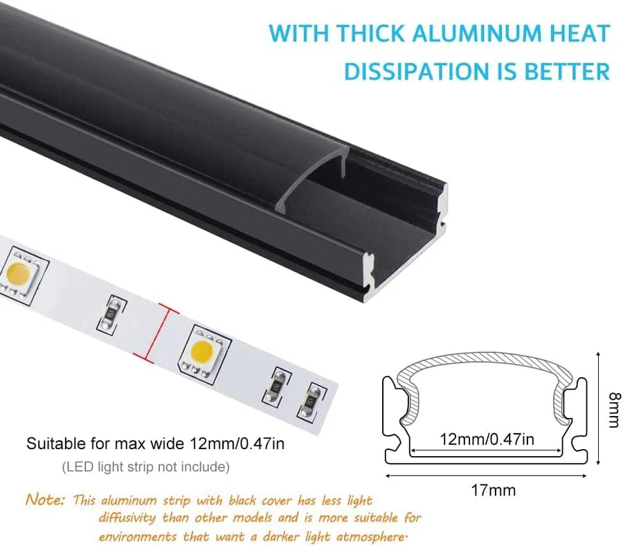U Shape LED Aluminum Channels – Fit for 1 to 12mm LED Strip | 1Meter | Silver / Black | Milky White / Black Cover | With Installation Accessories | Bendable | 5 / 6 / 10 / 12 / 20 / -Pack | Local Stock US/UK