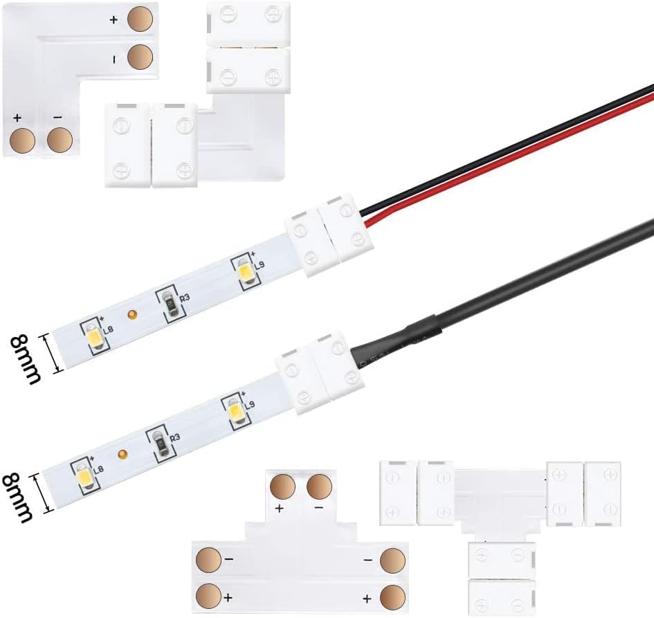 LED Strip Connectors – 8mm 2Pin Solderless Clips | Strip to Wire / Strip to Strip / DC Adapter / L / T – Local Stock US/UK