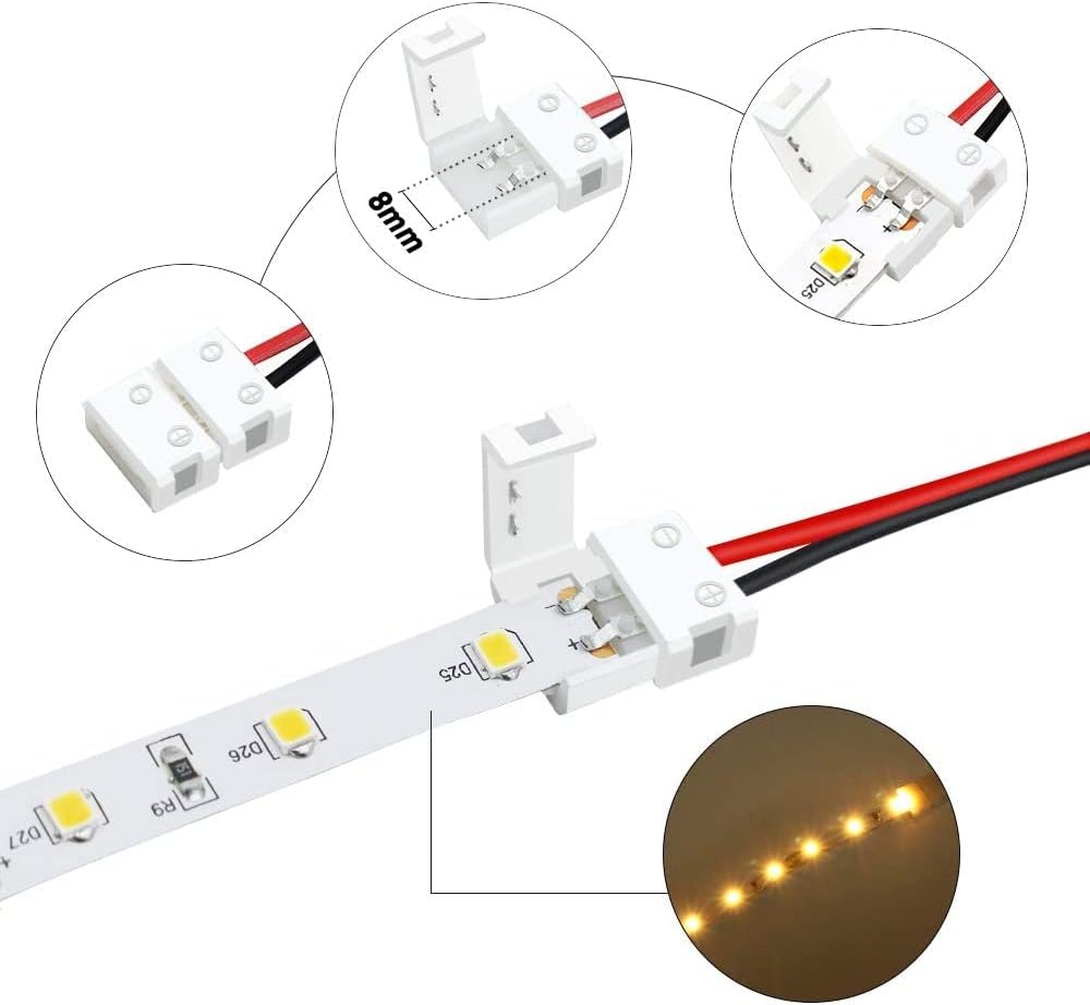 LED Strip Connectors – 8mm 2Pin Solderless Clips | Strip to Wire / Strip to Strip / DC Adapter / L / T – Local Stock US/UK