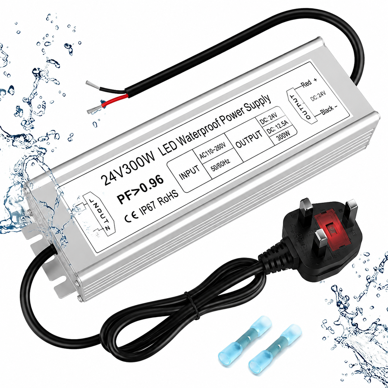 Wasserdichtes 24-V-LED-Netzteil, 30–300 W, 90–265 V Eingang, Einzel-/Doppelkabelausgang, LED-Treiber für den Außenbereich, CE/RoHS/FCC – Optionen für US-/UK-/EU-Stecker und Kabel 