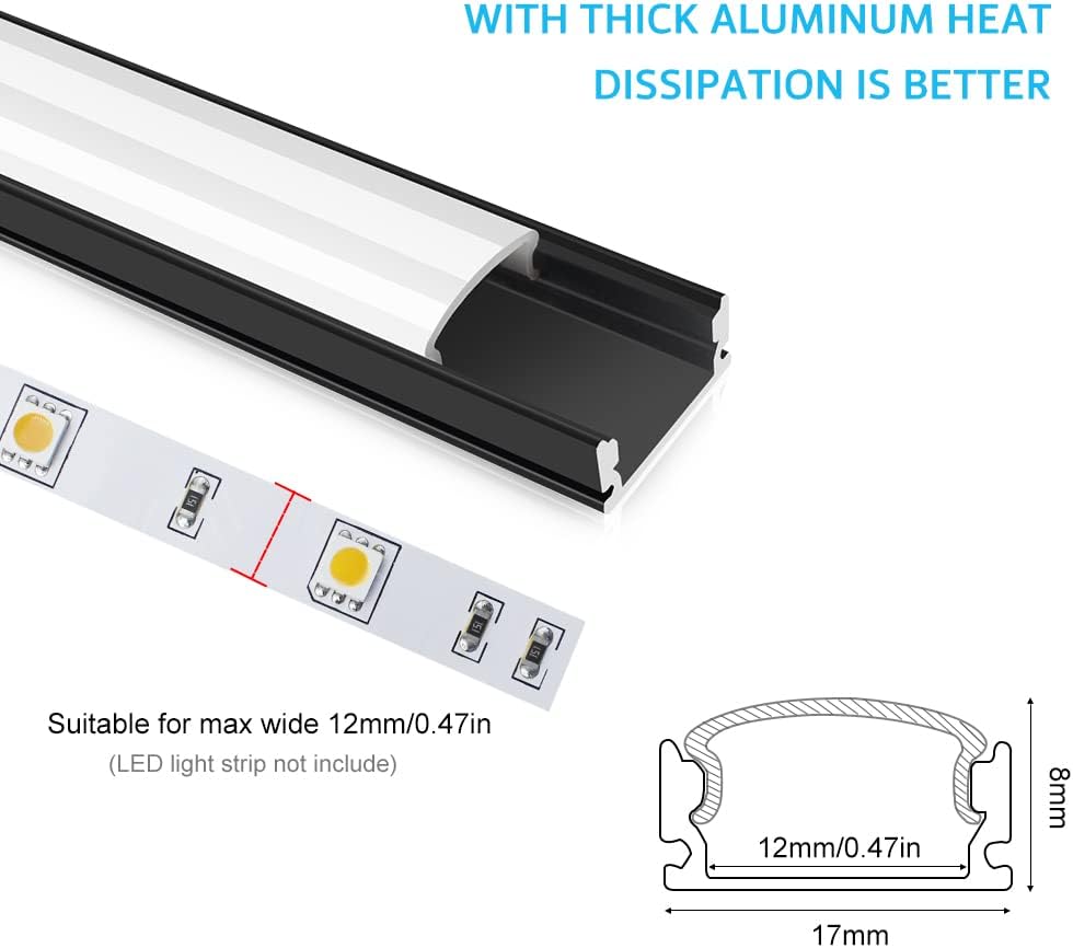 U Shape LED Aluminum Channels – Fit for 1 to 12mm LED Strip | 1Meter | Silver / Black | Milky White / Black Cover | With Installation Accessories | Bendable | 5 / 6 / 10 / 12 / 20 / -Pack | Local Stock US/UK