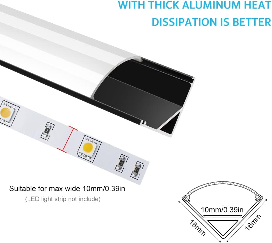 V Shape LED Aluminum Channels – Fit for 1 to 10mm LED Strip | 1Meter | Silver / Black | Milky White / Black Cover | With Installation Accessories | 5 / 6 / 10 / 12 / 20 / -Pack | Local Stock US/UK
