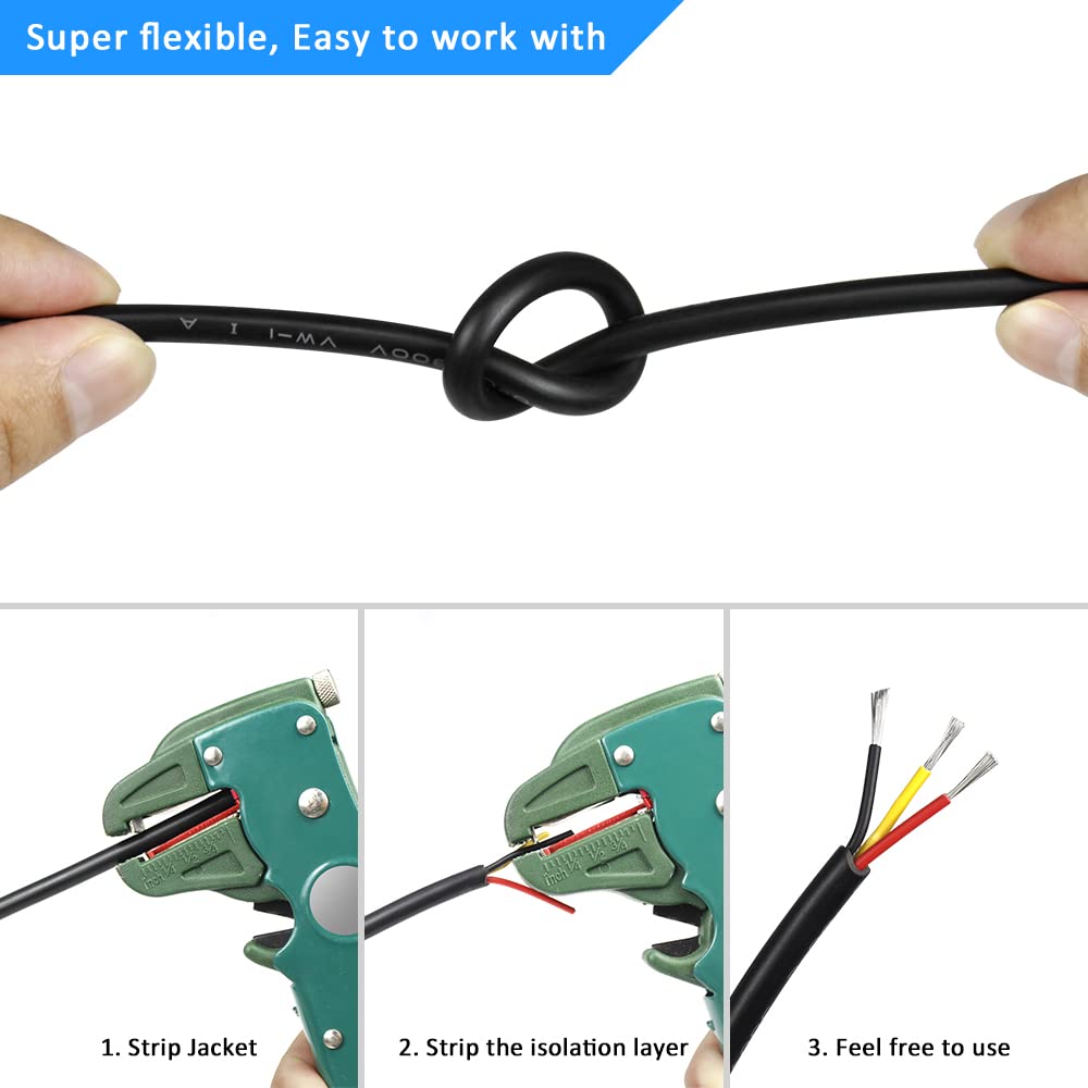 20 AWG Electrical Cable, 2/3/4/5 Conductor Stranded Tinned Copper Wire, Black/White PVC Sheathed Flexible Extension Cord for DIY Wiring, 10/20/50m (33ft–165ft) Options