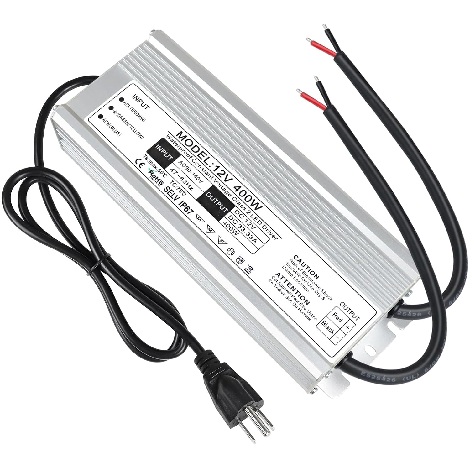 12V Waterproof LED Transformer, 90–140V Input, 200W–500W, Single/Dual Wire Output, CE/RoHS/FCC — US Plug & Wire Leads Options