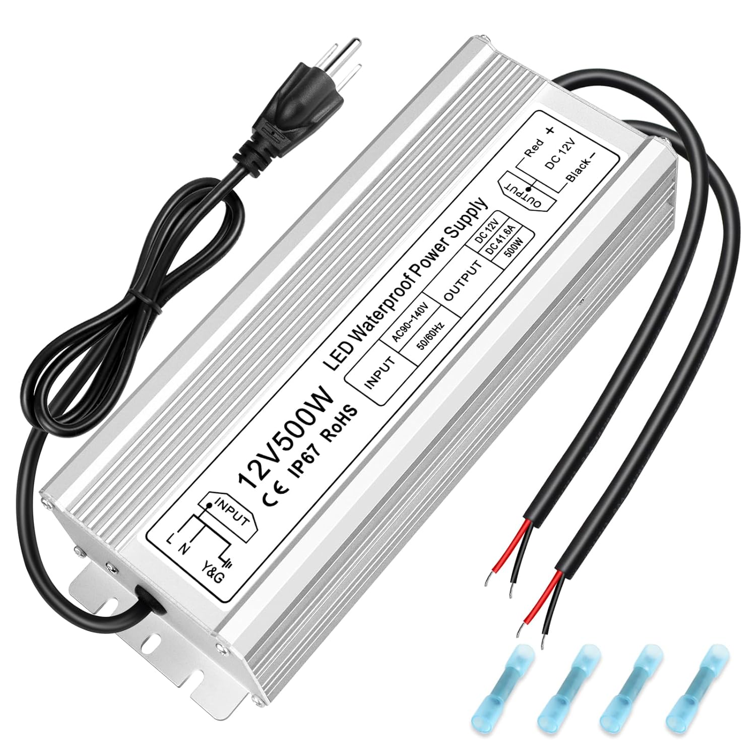 12V Waterproof LED Transformer, 90–140V Input, 200W–500W, Single/Dual Wire Output, CE/RoHS/FCC — US Plug & Wire Leads Options