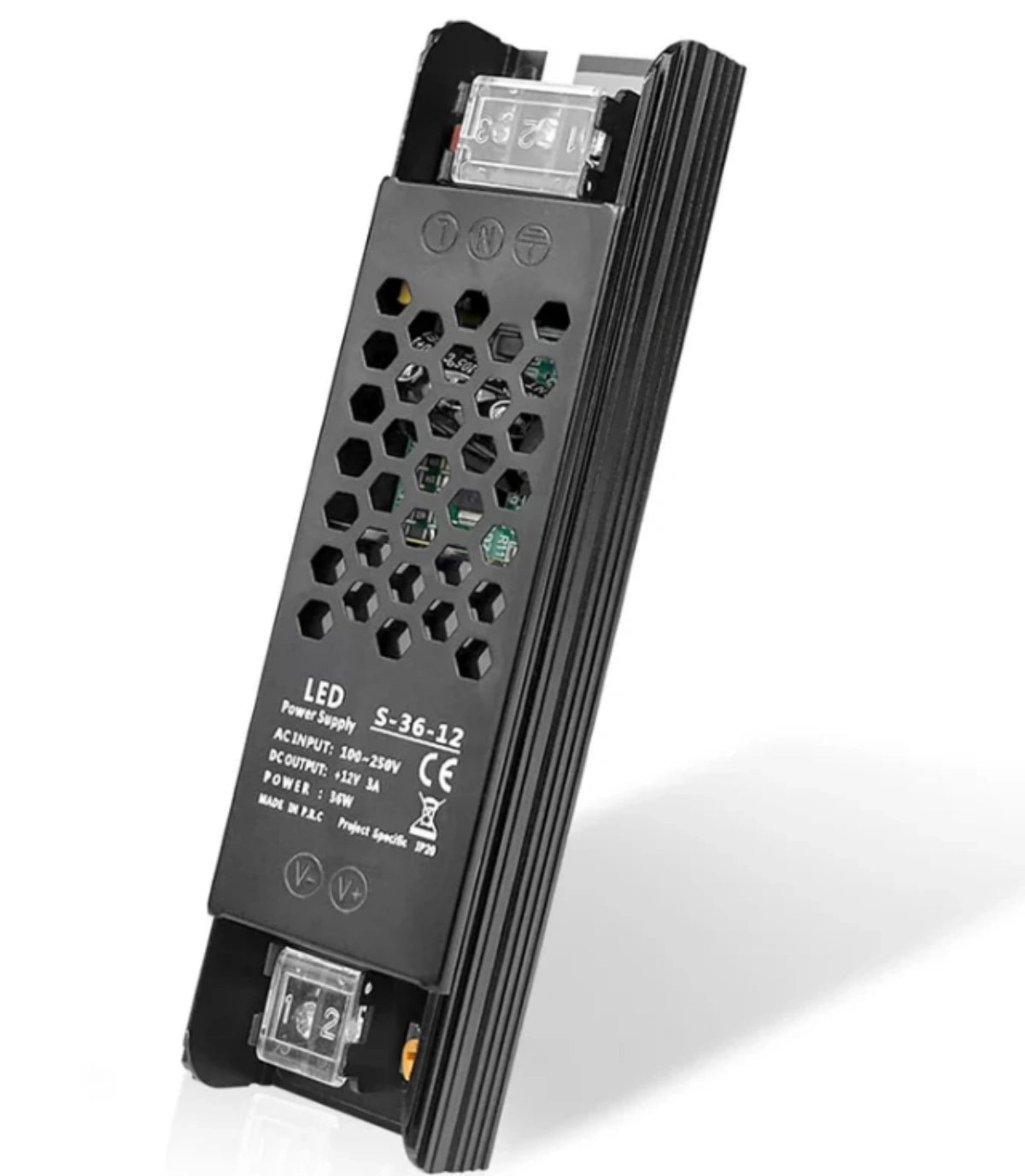 DC 12V/24V Slim Black Switching Power Supply 36W–200W, AC 110–250V Input, Narrow Type LED Transformer, Compact Metal Housing, CE/FCC/RoHS Certified