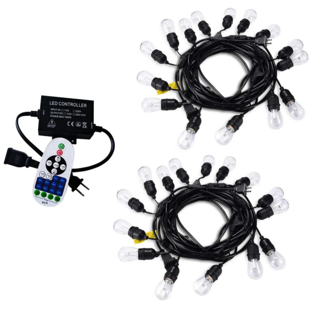 Dimmable Waterproof LED Outdoor String Lights - Hanging, 2W Edison Bulbs - 48Ft Commercial Lights for Decor for Patio, Backyard, Garden, Bistro S14 Black - Warm White, with Dimmer, Complete Led String Lights Kit(2Pack-48FT And 1pcs Dimmer)