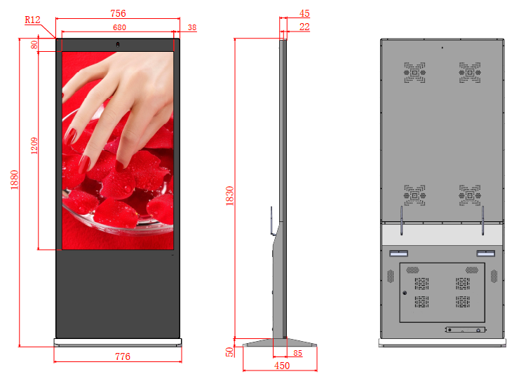 55'' Touch Screen LCD Digital Signage, Free Standing LCD Digital Poster Kiosk, w/ IR Touch, Single Sided, Android OS, Caster Wheels
