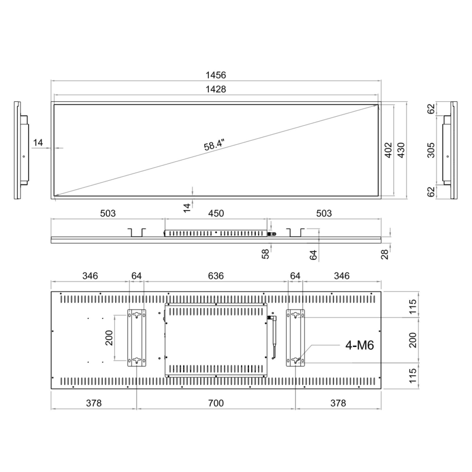 58.4 Inch (1428.5×160mm Viewable) Ultra-Wide Android LCD Shelf Display | Stretched Bar Screen w/ Optional Touch | Cloud Platform, USB & App Control