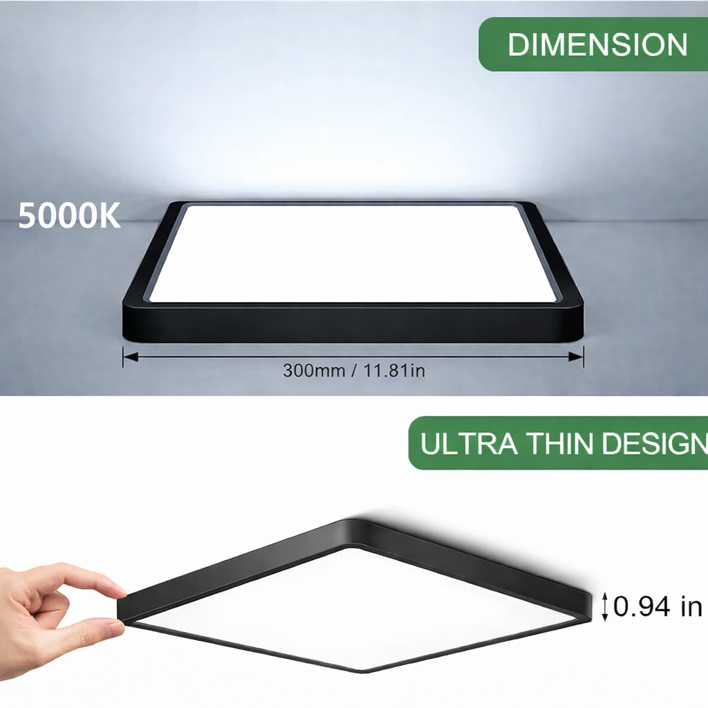 12.0 Inch Square LED Ceiling Light – 24W – Black – 3000K / 4500K / 5000K / 6500K – Flush Mount Ceiling Light – Local Stock (US/UK/DE)