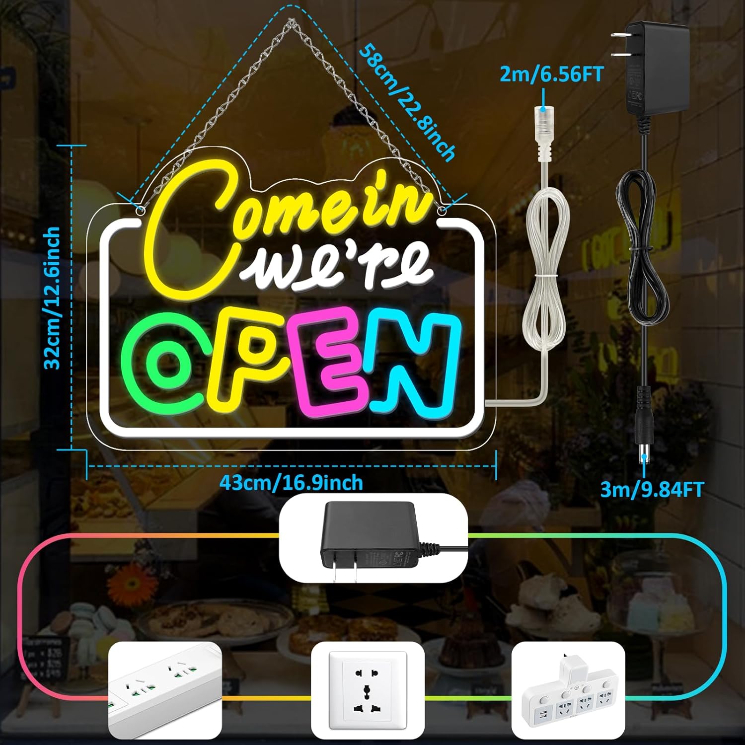 Come in We’re Open Neon Sign – Multicolor Glow | 15.7×11.8 inch (40×30 cm) | Window Hanging Business Sign | Plug & Play