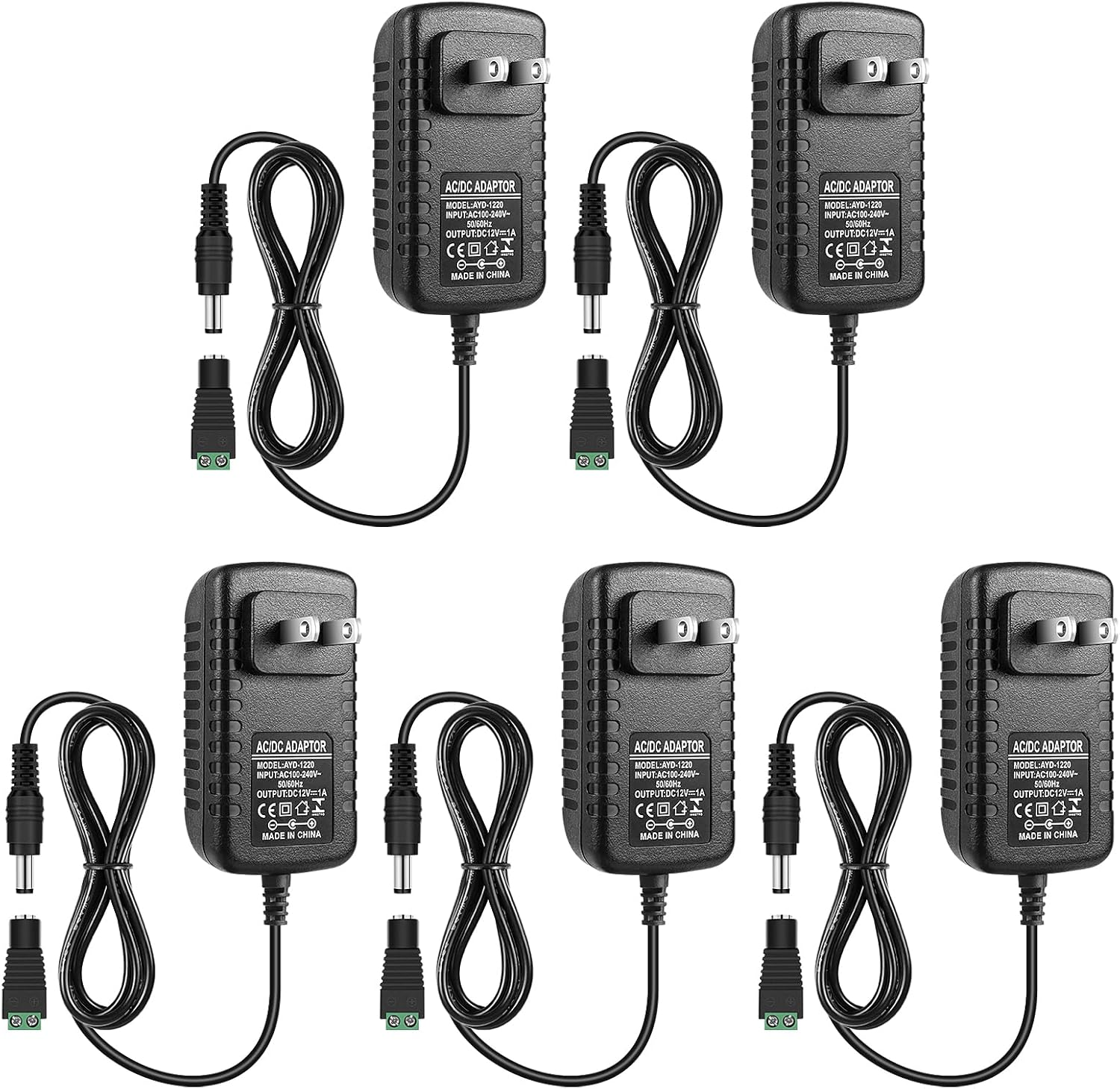 12V Power Supply Adapter 12W/24W, AC 100–240V Input, Wall Plug Transformer, Black Case — US/UK Plug, LED Driver for Strip/CCTV/Electronics