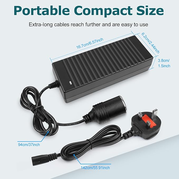 DC 12V Cigarette Lighter Desktop Power Supply Adapter 60W–120W, AC 100–240V Input, Converter Transformer with UK Plug — for Car Accessories, Air Pump, Cooler, and Electronics
