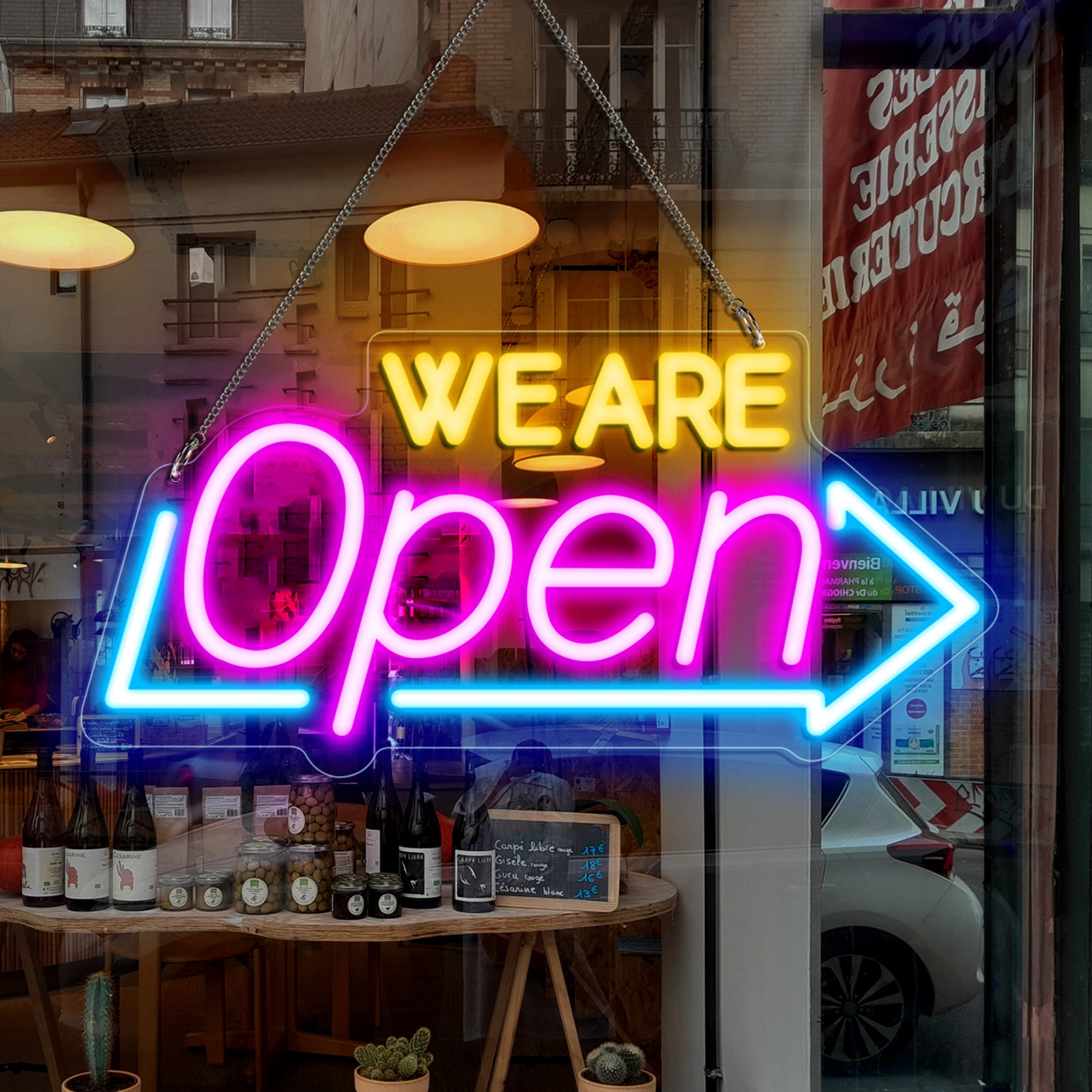 WE ARE OPEN Neon Sign – USB Powered | 16×8 inch (41×20 cm) | Arrow Shape LED Window Sign | 3 Color Combos for Storefront Display