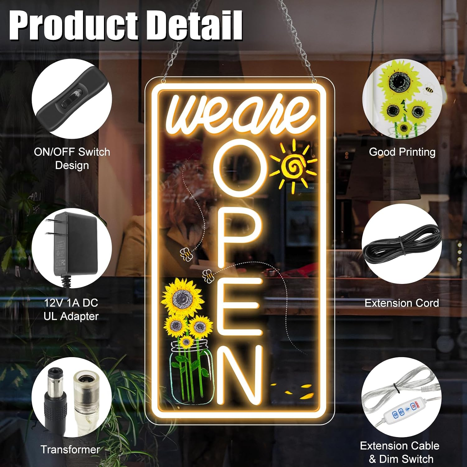 We Are Open Vertical Silicone Neon Signs – Warm White / Neutral White  | 16.5 × 9 inch |Window Hanging | Plug & Play for Storefronts