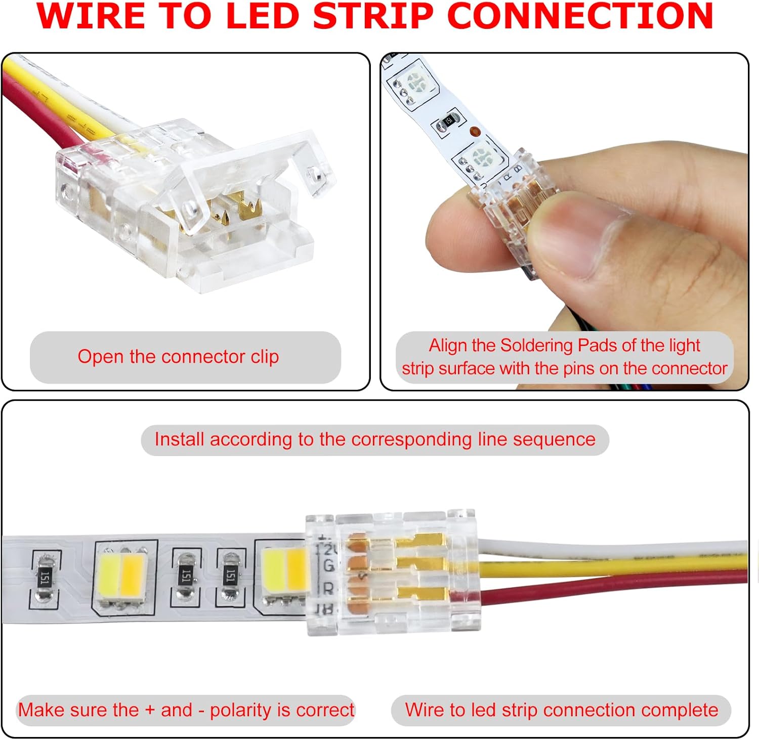 Transparent Crystal LED Strip Connectors – 10mm 3Pin Solderless Clips | Strip to Wire / Strip to Strip / DC Adapter – Local Stock US/UK