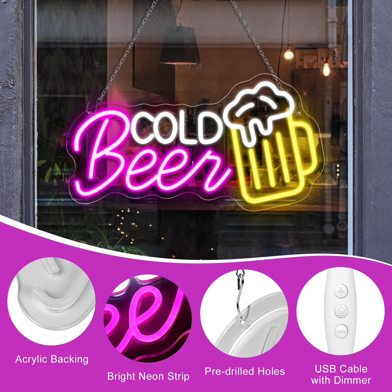 Cold Beer LED Sign – 16.5 × 8.8 inch | Multi-Color Glow | USB Powered | Hanging | Ideal for Bar, Pub, Lounge, Nightclub, Party Mood Lighting