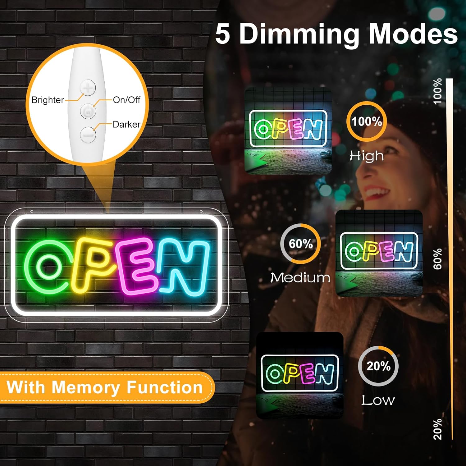 OPEN Neon Sign – USB Powered | 17×9 inch (43×22 cm) | Horizontal or Vertical Style | Multicolor LED Light for Storefront & Business Decor