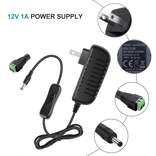 DC 12 V Netzteiladapter mit Ein-/Ausschalter, 12 W/24 W/36 W Optionen, US-Stecker, schwarz/weißes Gehäuse, 100–240 V AC-Eingang, Wandstecker-Ladegerät für LED-Lichtstreifen und Elektronik 