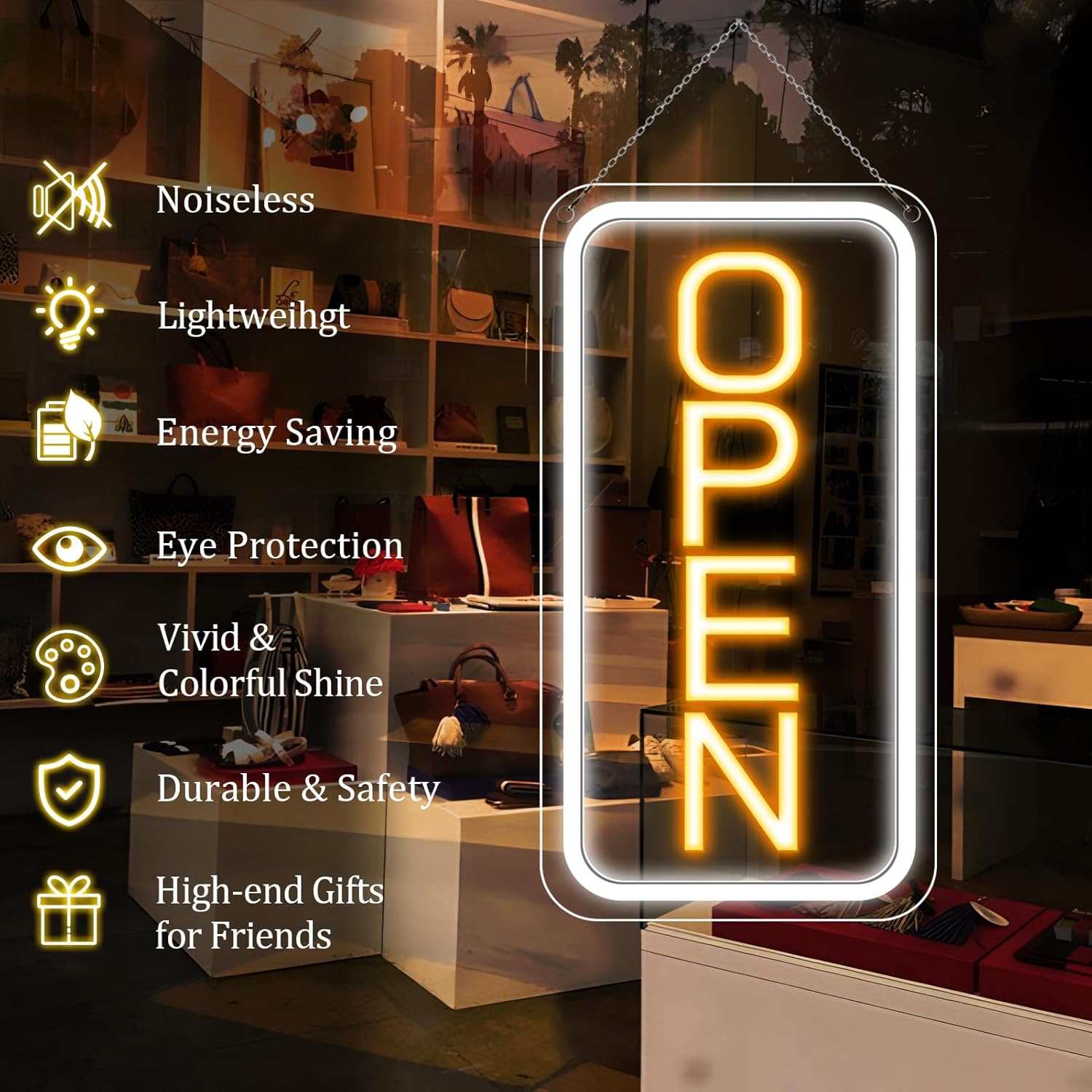 OPEN Neon-LED-Schild – Vertikal rechteckig | 5 Leuchtfarbenoptionen | 16×9 / 23×12 Zoll | Fensteraufhängung | Plug &amp; Play für Schaufenster