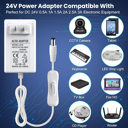 DC 24V Power Supply Adapter with On/Off Switch, 72W, US Plug, White Housing, 100–240V AC Input, Wall Plug Charger for LED Strip Lights and Electronics