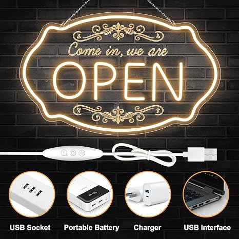 WE ARE OPEN COME IN LED Silicone Neon Sign – 23.5×14 Inch & 16.5×10 Inch | 5V USB Powered Dimmable Light with Engraved Back Design for Storefront Window & Business Decor