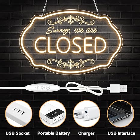 SORRY, WE ARE CLOSED LED Silicone Neon Sign – 16.5×9 Inch (42×23 cm) Horizontal Style | 5V USB Powered Warm White Dimmable Light for Storefront Window & Business Decor