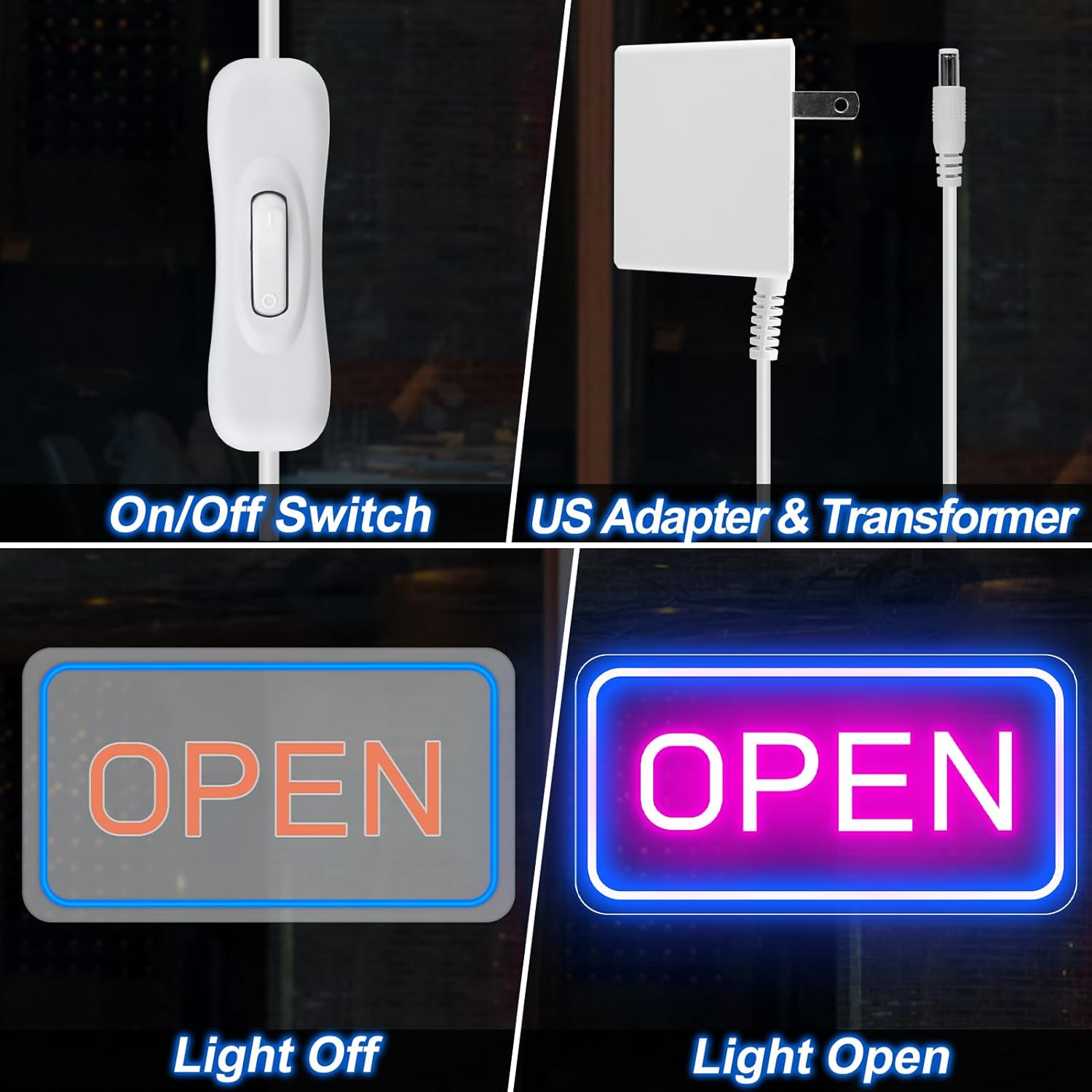 OPEN LED Neon Sign – Rectangular | 4 Glow Color Options | 16×9 / 23×12 inch | Window Hanging | Plug & Play for Storefronts
