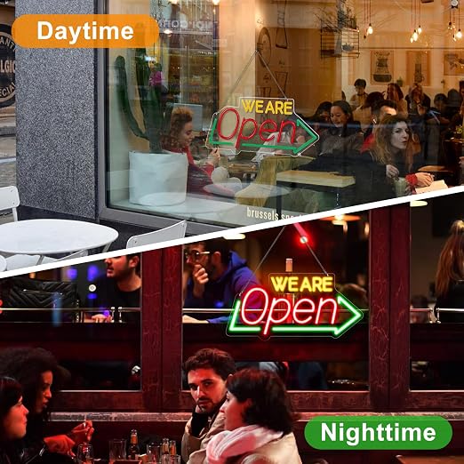 WE ARE OPEN Integrated LED Signs – USB Powered | 16.1×7.8 inch | Arrow Shape LED Window Sign |  Yellow + Red + Green Glow for Storefront Display